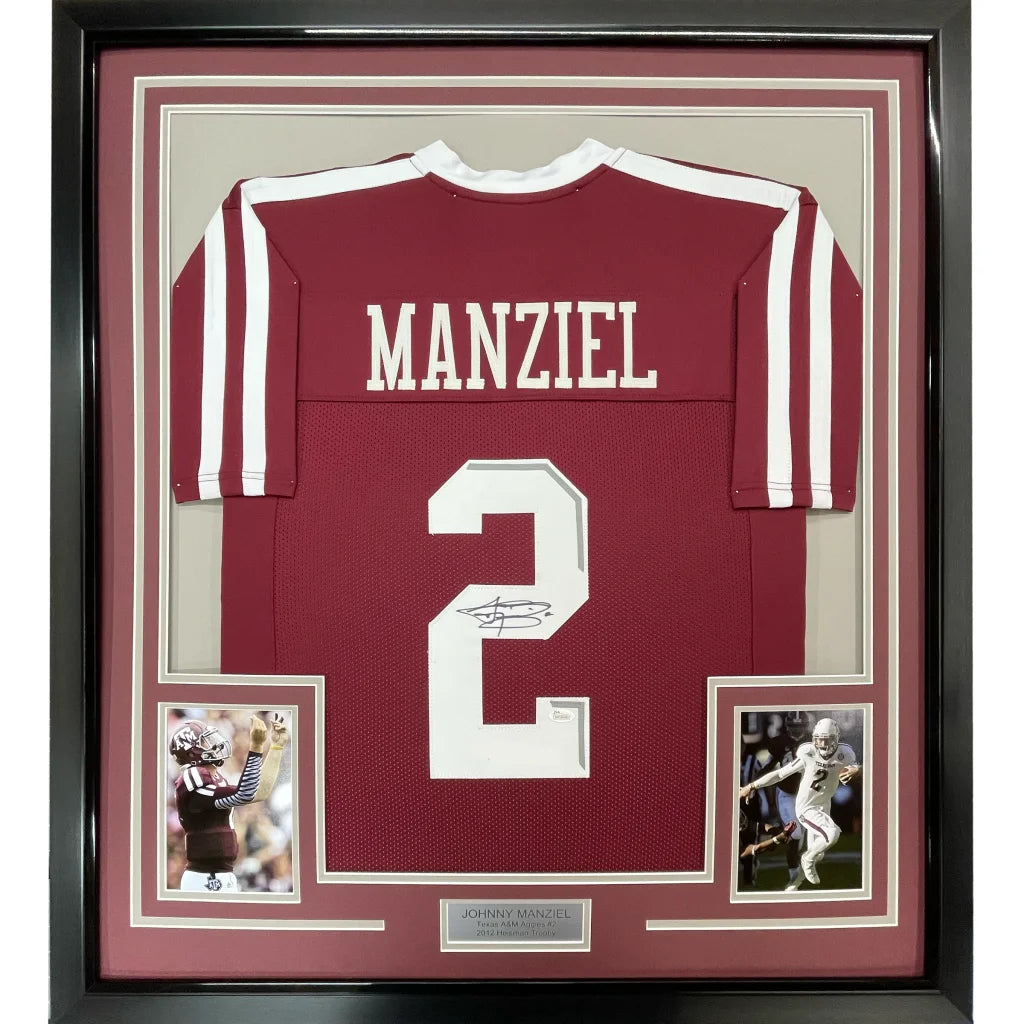 Back of framed autographed Johnny Manziel number 2 maroon Texas A&M jersey with JSA COA