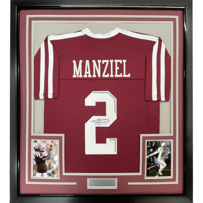 Back of framed autographed Johnny Manziel number 2 maroon Texas A&M jersey with JSA COA