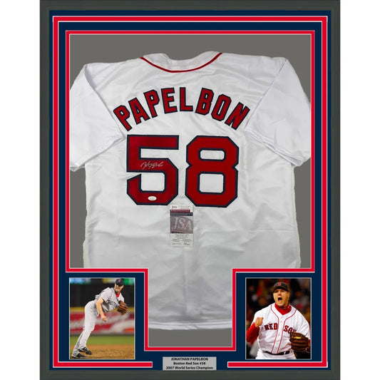 Framed autographed Jonathan Papelbon white Boston jersey with Papelbon 58, JSA COA
