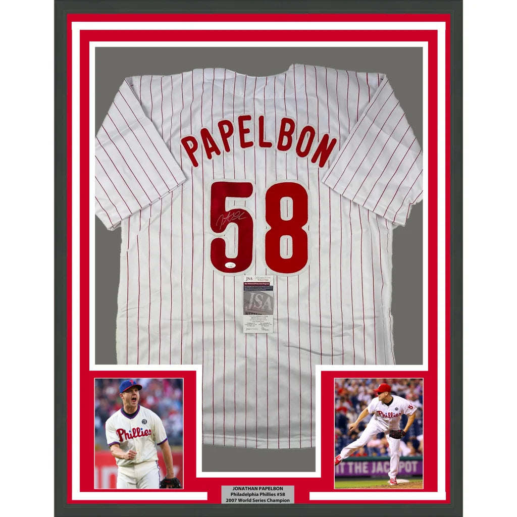 Framed autographed Jonathan Papelbon Philadelphia pinstripe jersey with number 58