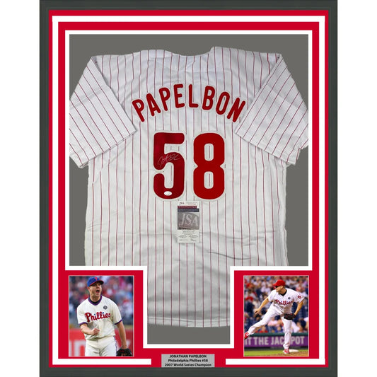 Framed Autographed Jonathan Papelbon 35x39 Philadelphia Pinstripe Baseball Jersey JSA COA | Hall of Fame Sports Memorabilia | vintageantiquesgifts.com