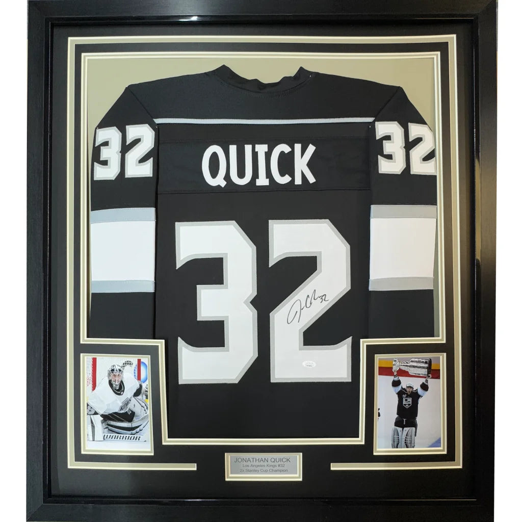 Framed Autographed Jonathan Quick 35x39 Los Angeles LA Black Hockey Jersey JSA COA | Hall of Fame Sports Memorabilia | vintageantiquesgifts.com