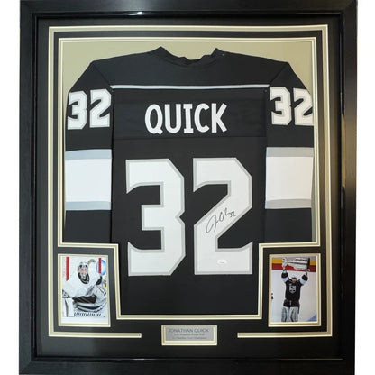 Framed Autographed Jonathan Quick 35x39 Los Angeles LA Black Hockey Jersey JSA COA | Hall of Fame Sports Memorabilia | vintageantiquesgifts.com