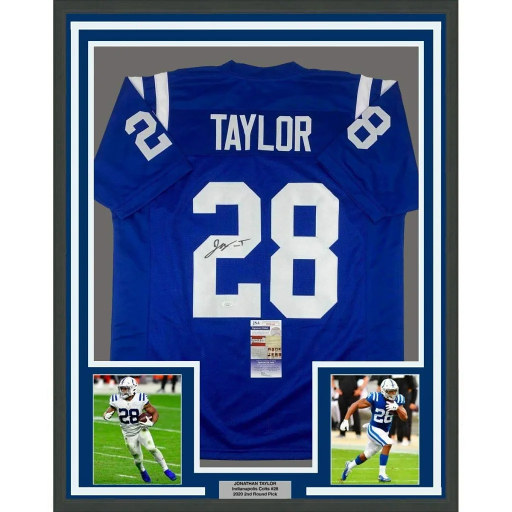 Framed autographed Jonathan Taylor Indianapolis Colts blue jersey with number 28