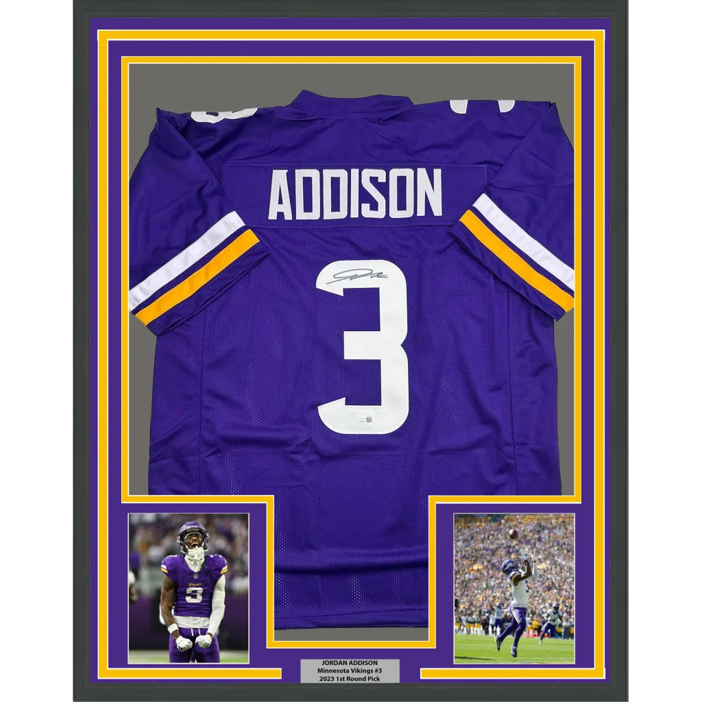 Framed Autographed Jordan Addison 35x39 Minnesota Purple Football Jersey JSA COA | Hall of Fame Sports Memorabilia | vintageantiquesgifts.com