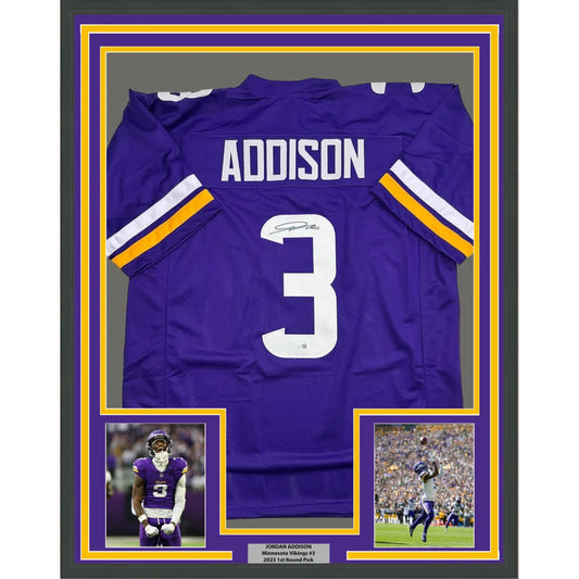 Framed Autographed Jordan Addison 35x39 Minnesota Purple Football Jersey JSA COA | Hall of Fame Sports Memorabilia | vintageantiquesgifts.com