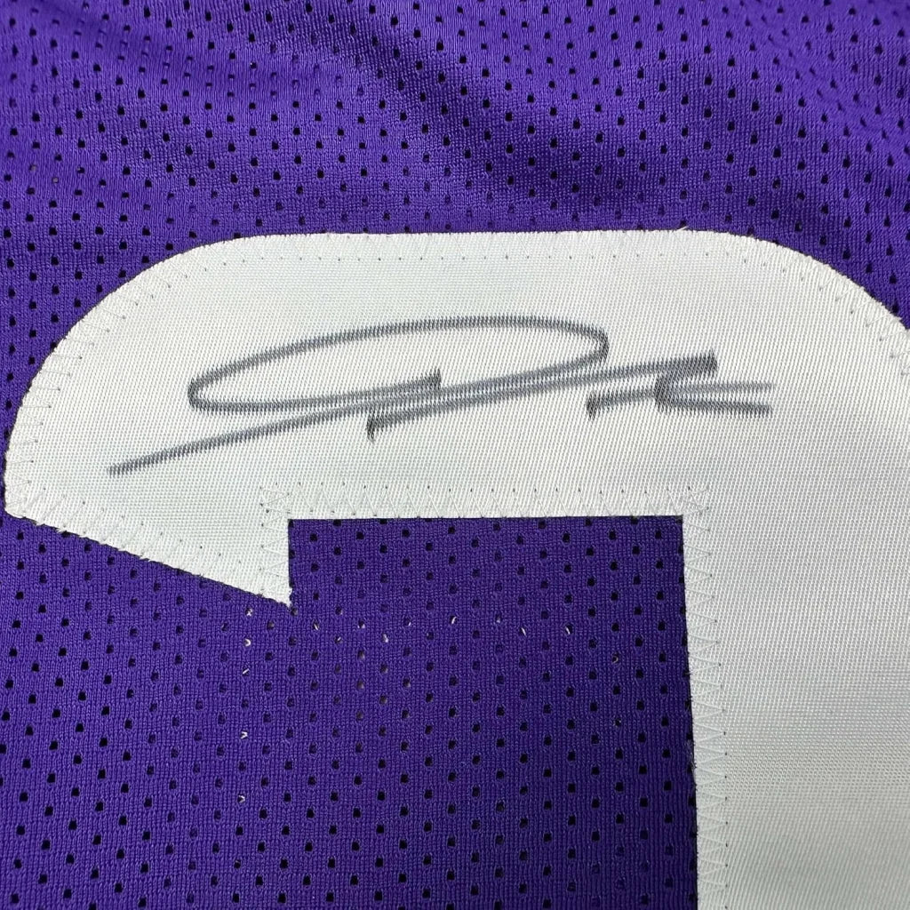 Framed Autographed Jordan Addison 35x39 Minnesota Purple Football Jersey JSA COA | Certified Authentic Signed Memorabilia | vintageantiquesgifts.com