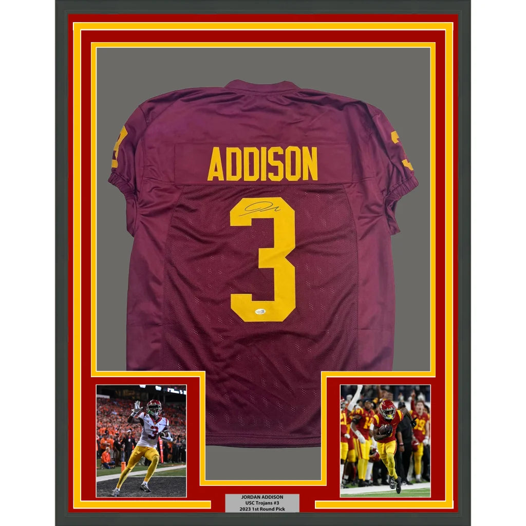 Framed Autographed Jordan Addison 35x39 USC Southern Cal Red College Football Jersey JSA COA | Hall of Fame Sports Memorabilia | vintageantiquesgifts.com