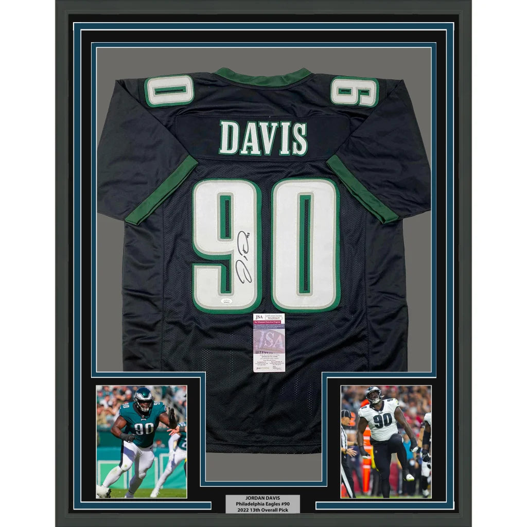 Framed Autographed Jordan Davis 35x39 Philadelphia Black Football Jersey JSA COA | Hall of Fame Sports Memorabilia | vintageantiquesgifts.com