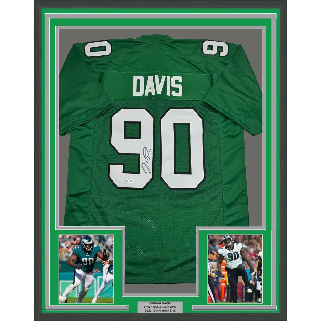 Framed autographed Jordan Davis Philadelphia Eagles green jersey with number 90