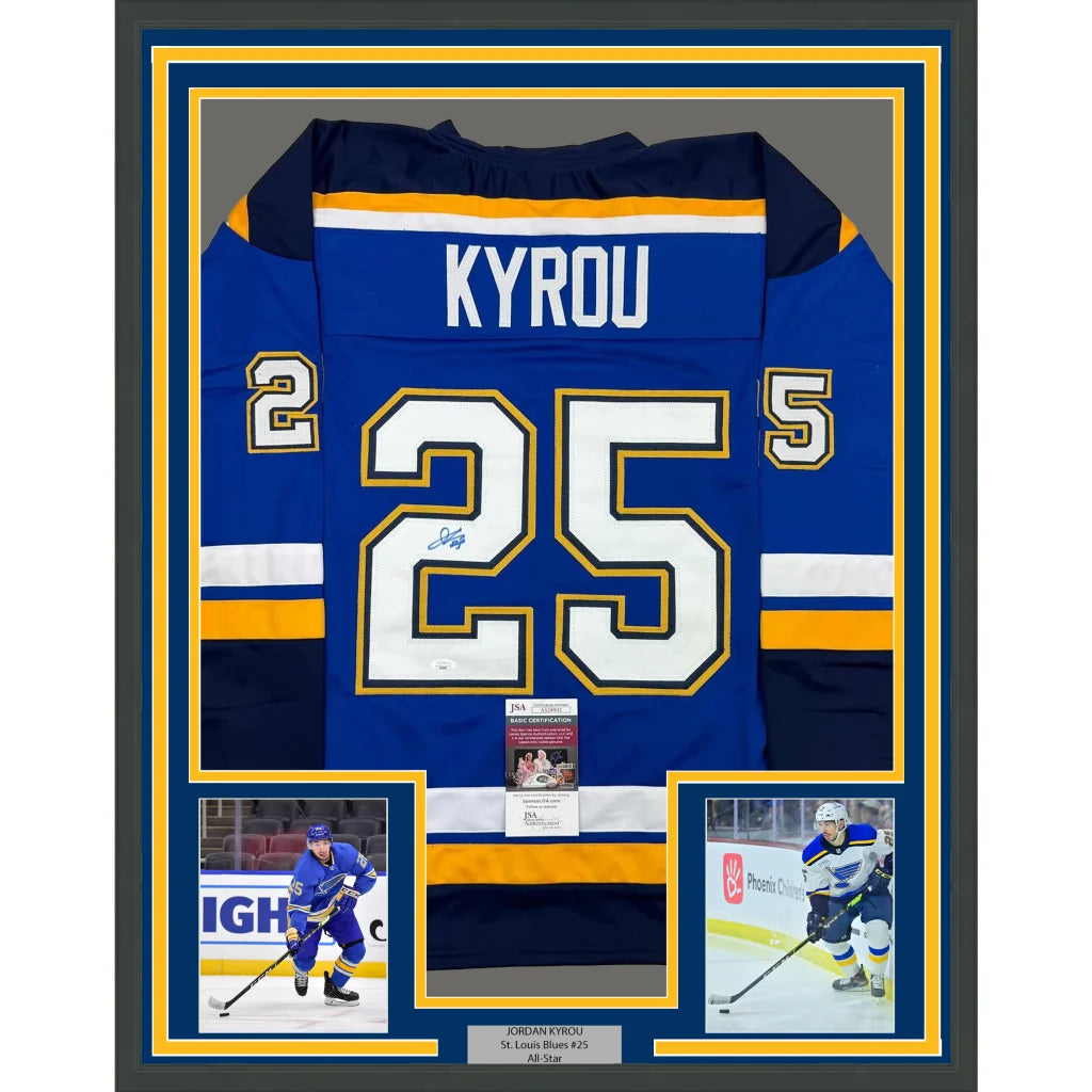Framed autographed Blue Hockey Jersey with Player Photos from Championship Blue Jersey