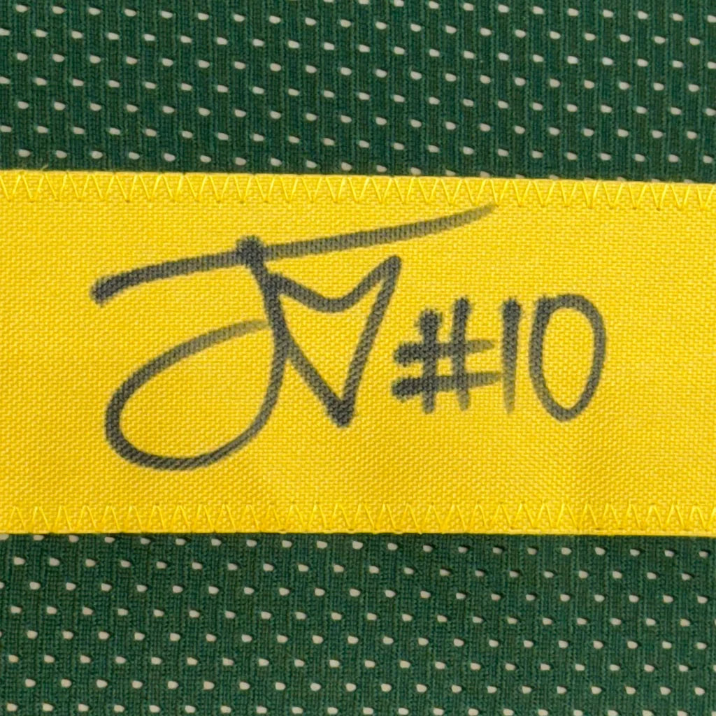 Yellow ribbon with black autograph and #10 on framed Jordan Love Packers Jersey
