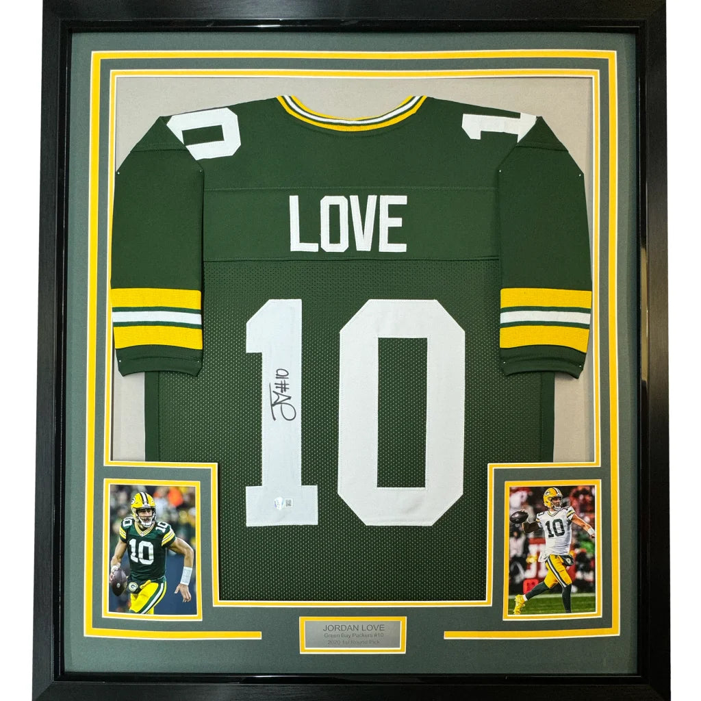 Autographed Green Bay Packers Jordan Love jersey in museum-style frame for display