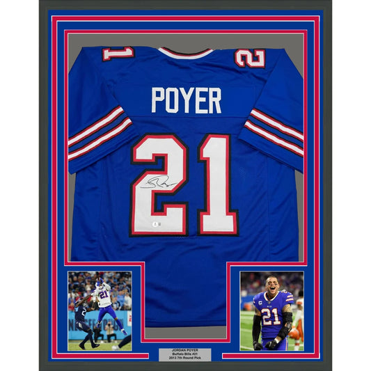 Framed Jordan Poyer Signed Bills Jersey ready to hang on your wall