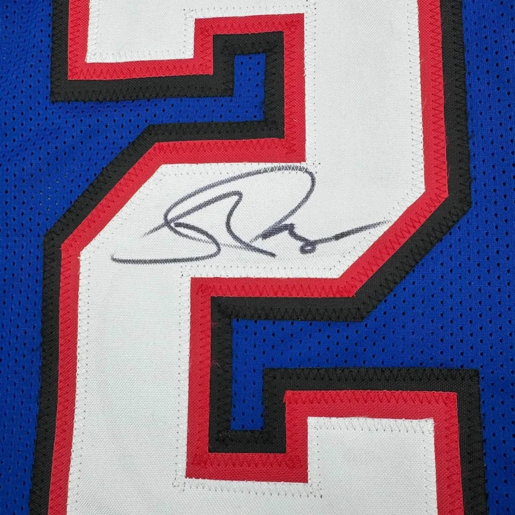 Blue Jordan Poyer Bills jersey with autograph, perfect for your wall display