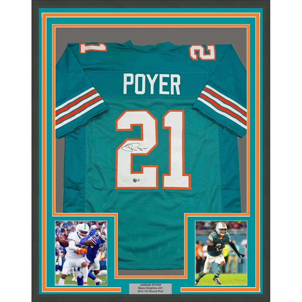 Framed Autographed Jordan Poyer 35x39 Miami Teal Football Jersey Beckett BAS COA | Hall of Fame Sports Memorabilia | vintageantiquesgifts.com
