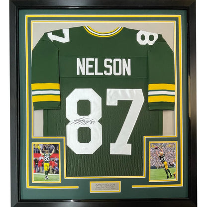 Framed autographed Jordy Nelson Green Bay Packers jersey back, number 87