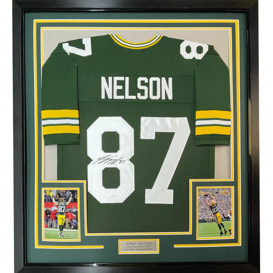 Framed autographed Jordy Nelson Green Bay Packers jersey back, number 87