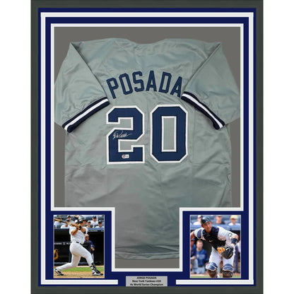 Framed Autographed Jorge Posada 35x39 New York Grey Baseball Jersey Beckett BAS COA | Hall of Fame Sports Memorabilia | vintageantiquesgifts.com