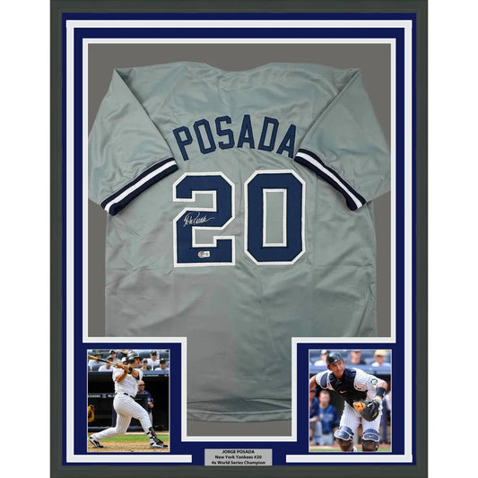Framed Autographed Jorge Posada 35x39 New York Grey Baseball Jersey Beckett BAS COA | Hall of Fame Sports Memorabilia | vintageantiquesgifts.com