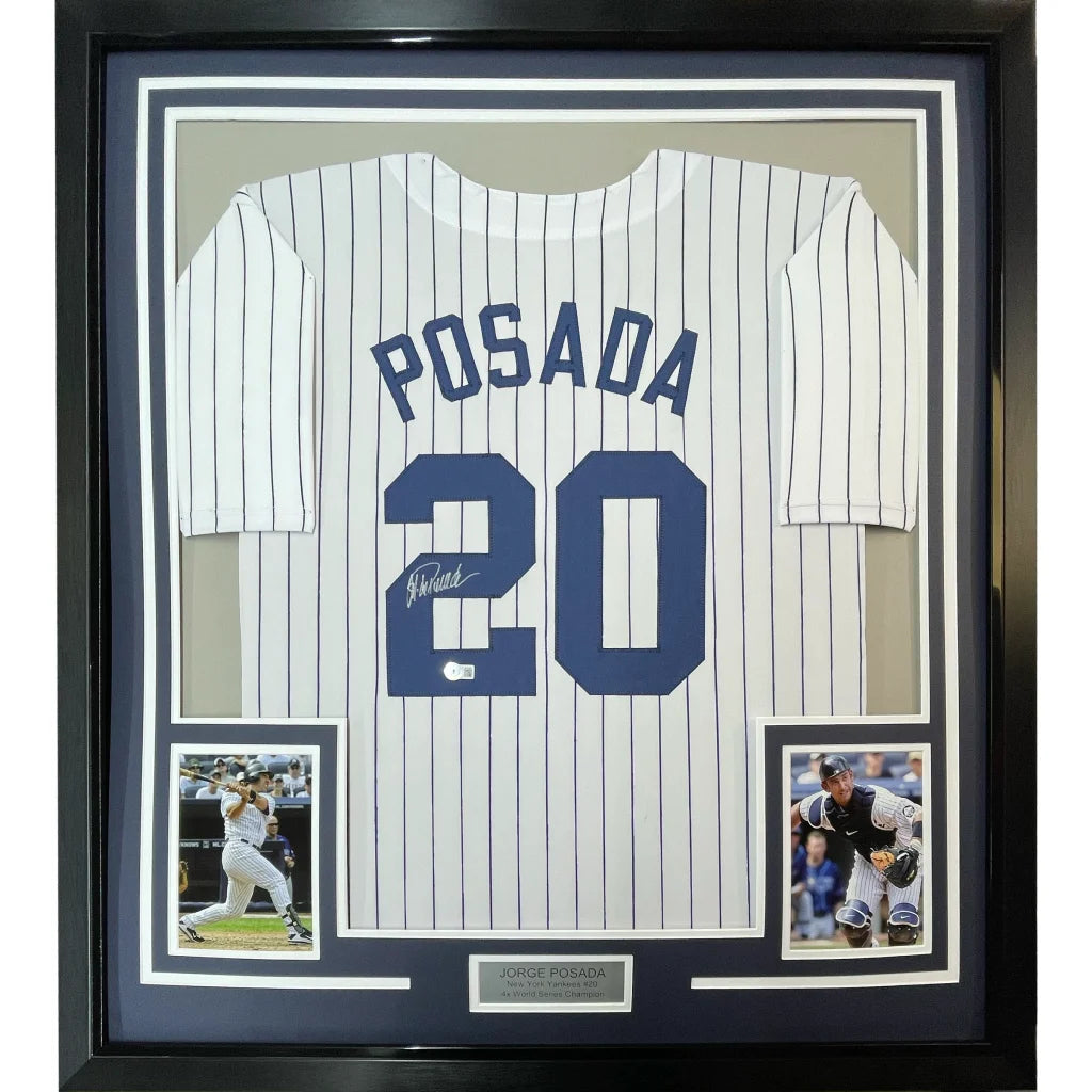 Framed Autographed Jorge Posada 35x39 New York Pinstripe Baseball Jersey Beckett BAS COA | Hall of Fame Sports Memorabilia | vintageantiquesgifts.com