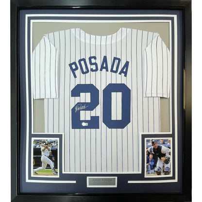 Framed Autographed Jorge Posada 35x39 New York Pinstripe Baseball Jersey Beckett BAS COA | Hall of Fame Sports Memorabilia | vintageantiquesgifts.com