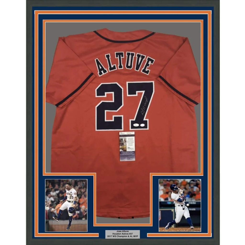 Framed autographed houston astros orange baseball jersey with black lettering featuring altuve 27 signed by jose altuve