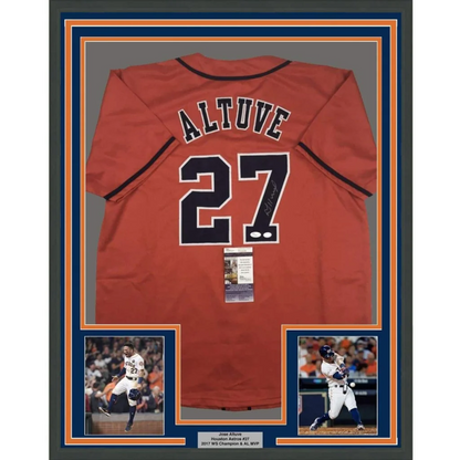 Framed autographed houston astros orange baseball jersey with black lettering featuring altuve 27 signed by jose altuve