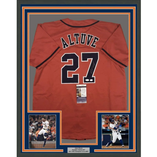 Framed autographed houston astros orange baseball jersey with black lettering featuring altuve 27 signed by jose altuve
