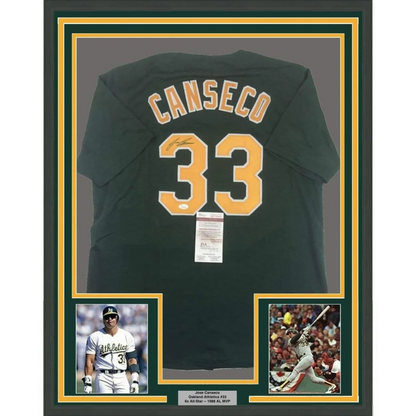 Framed Autographed Jose Canseco 35x39 Oakland Dark Green Baseball Jersey JSA COA | Hall of Fame Sports Memorabilia | vintageantiquesgifts.com