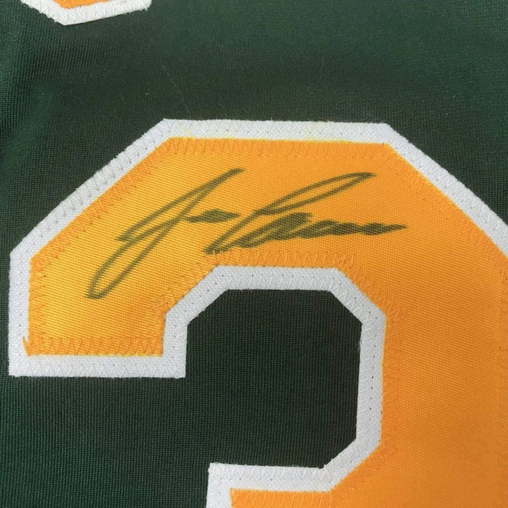 Framed Autographed Jose Canseco 35x39 Oakland Dark Green Baseball Jersey JSA COA | Certified Authentic Signed Memorabilia | vintageantiquesgifts.com