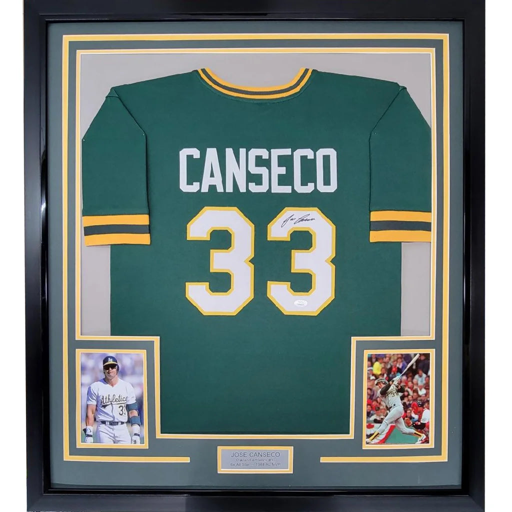 Framed autographed Jose Canseco Oakland green baseball jersey JSA COA