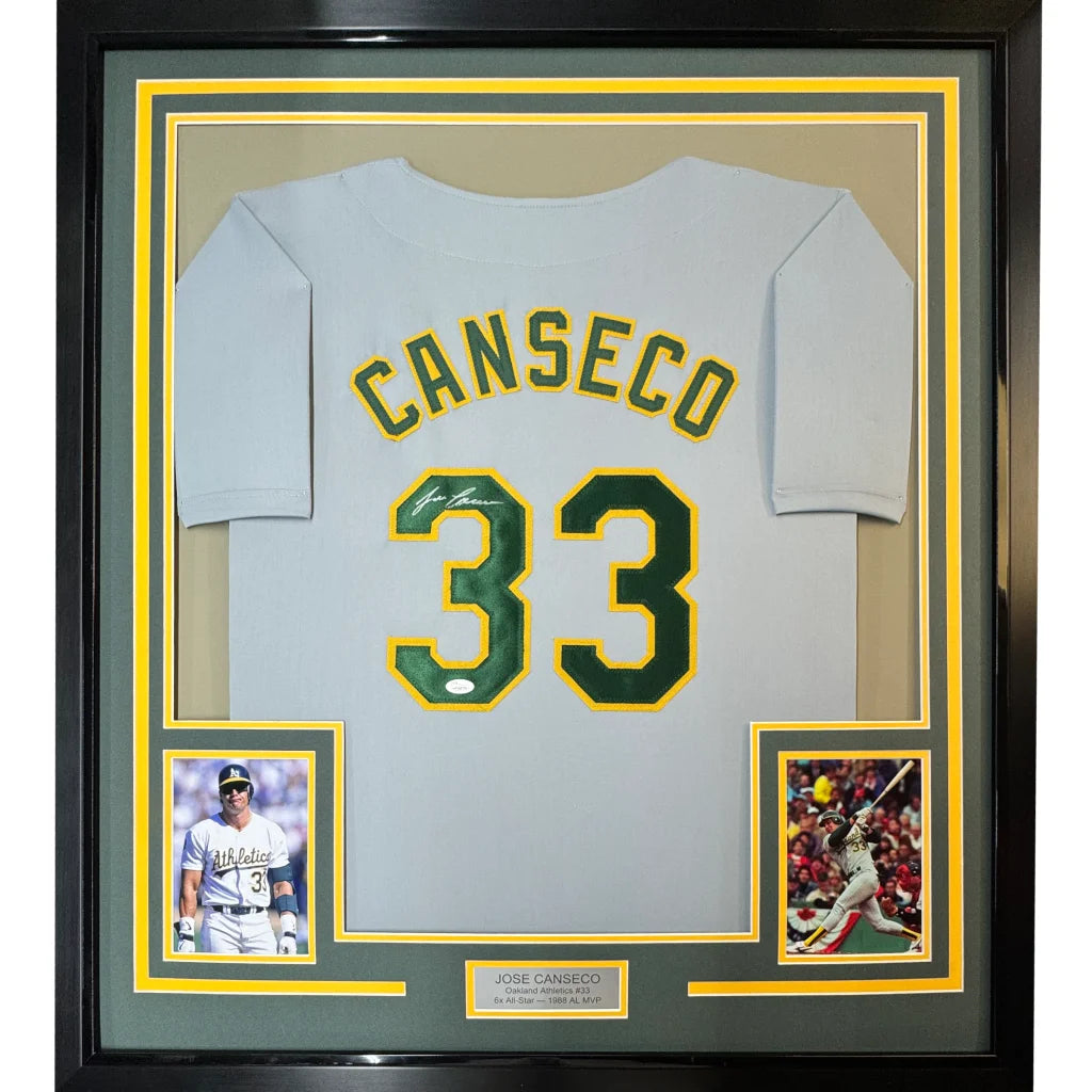 Framed Autographed Jose Canseco 35x39 Oakland Grey Baseball Jersey JSA COA | Hall of Fame Sports Memorabilia | vintageantiquesgifts.com