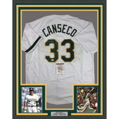 Framed autographed Jose Canseco Oakland white baseball jersey back with Canseco 33