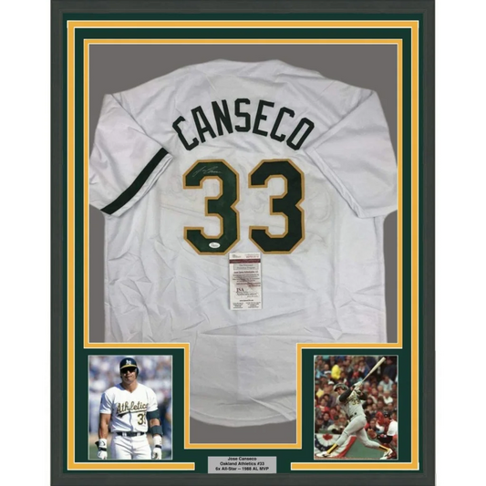 Framed autographed Jose Canseco Oakland white baseball jersey back with Canseco 33