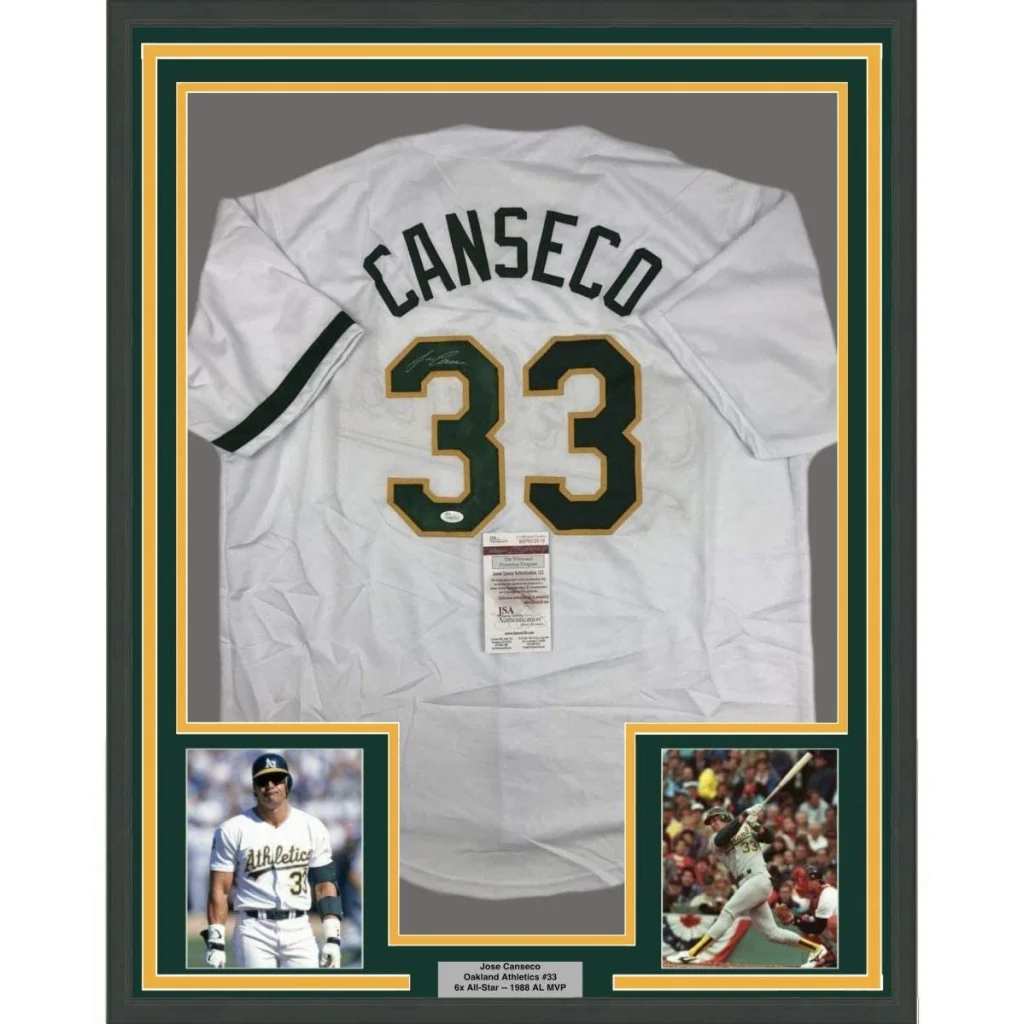 Professionally framed Jose Canseco Oakland white baseball jersey with photos for man cave