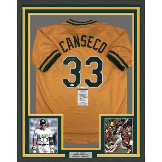 Framed Jose Canseco Oakland Athletics #33 signed jersey with player photos for your man cave