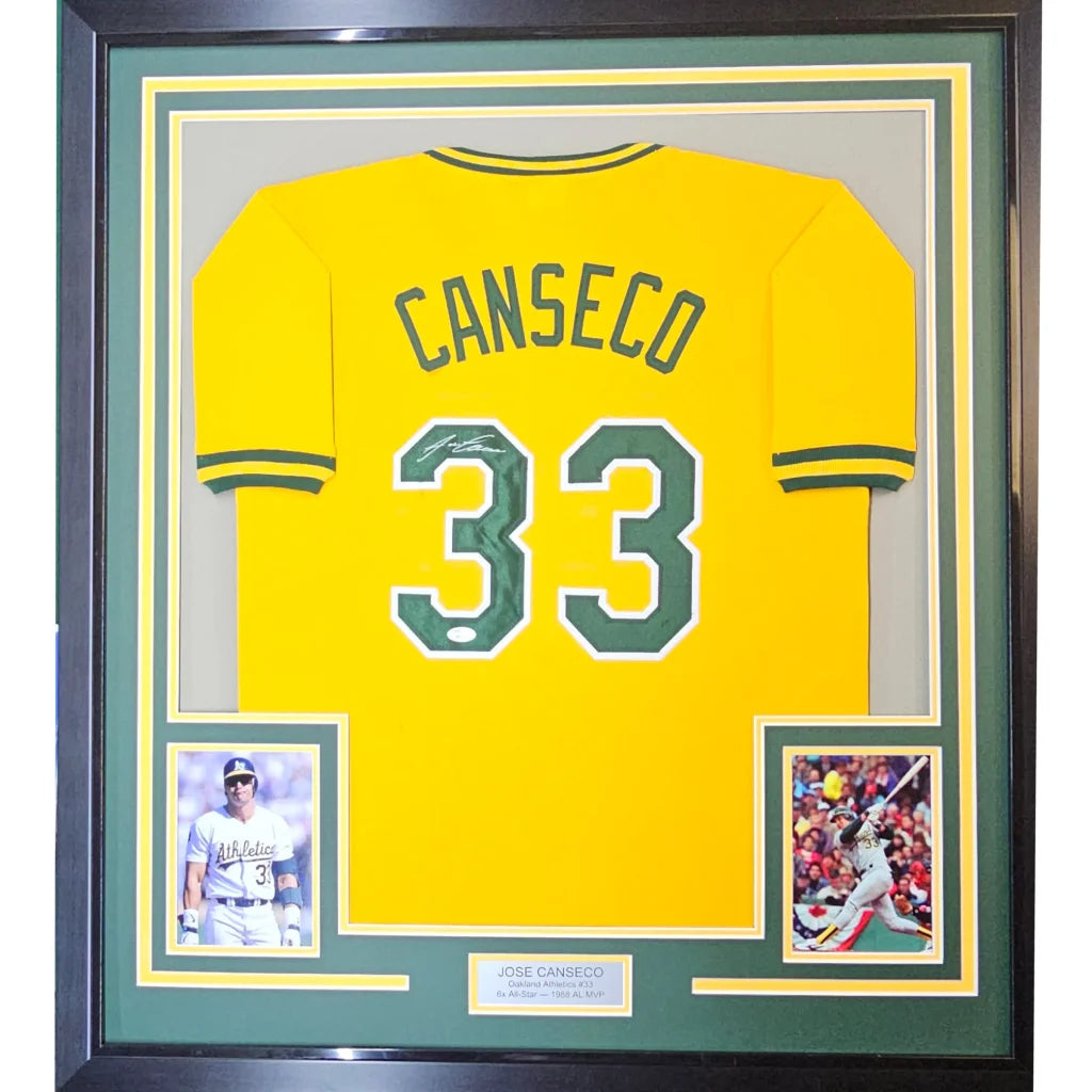 Framed autographed Jose Canseco yellow Oakland jersey with Canseco 33