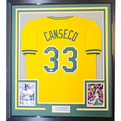 Framed autographed Jose Canseco yellow Oakland jersey with Canseco 33