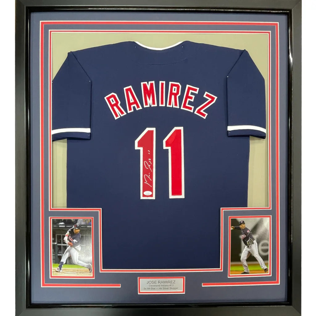 Framed autographed Jose Ramirez Cleveland Guardians number 11 jersey back