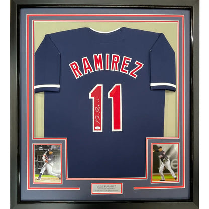 Framed autographed Jose Ramirez Cleveland Guardians number 11 jersey back