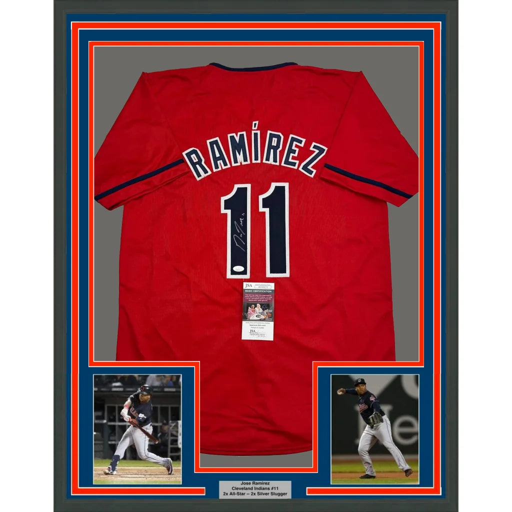 Framed autographed Jose Ramirez Cleveland Indians #11 baseball jersey with JSA COA