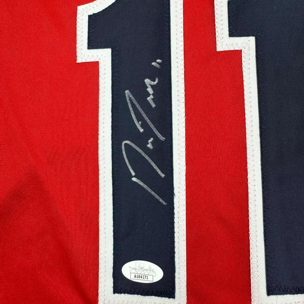 Framed autographed Jose Ramirez Cleveland red baseball jersey with number 11