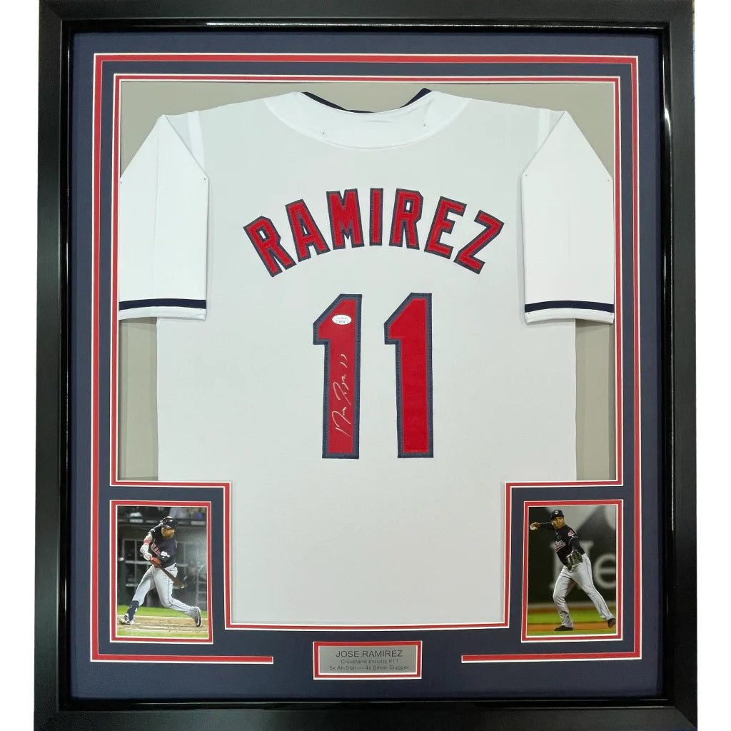 Framed autographed Jose Ramirez white Cleveland jersey back with Ramirez 11 Beckett COA