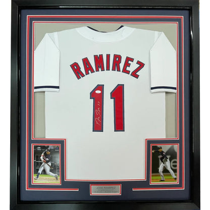 Framed autographed Jose Ramirez white Cleveland jersey back with Ramirez 11 Beckett COA