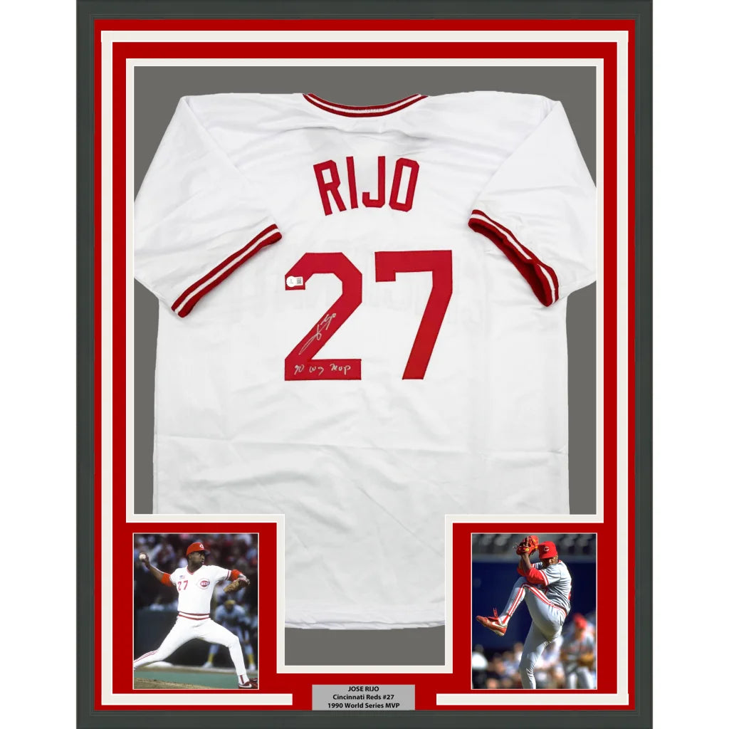 Framed Autographed Jose Rijo 35x39 90 WS MVP Cincinnati White Baseball Jersey Beckett BAS COA | Hall of Fame Sports Memorabilia | vintageantiquesgifts.com