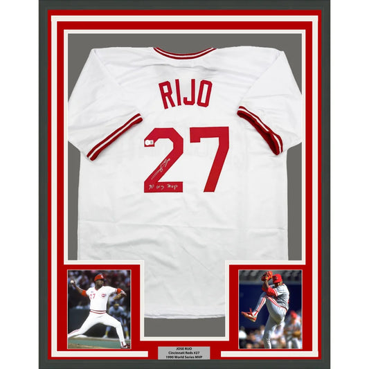 Framed Autographed Jose Rijo 35x39 90 WS MVP Cincinnati White Baseball Jersey Beckett BAS COA | Hall of Fame Sports Memorabilia | vintageantiquesgifts.com