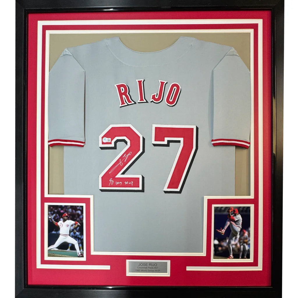 Framed autographed Jose Rijo gray jersey back with Rijo 27 signature Beckett COA