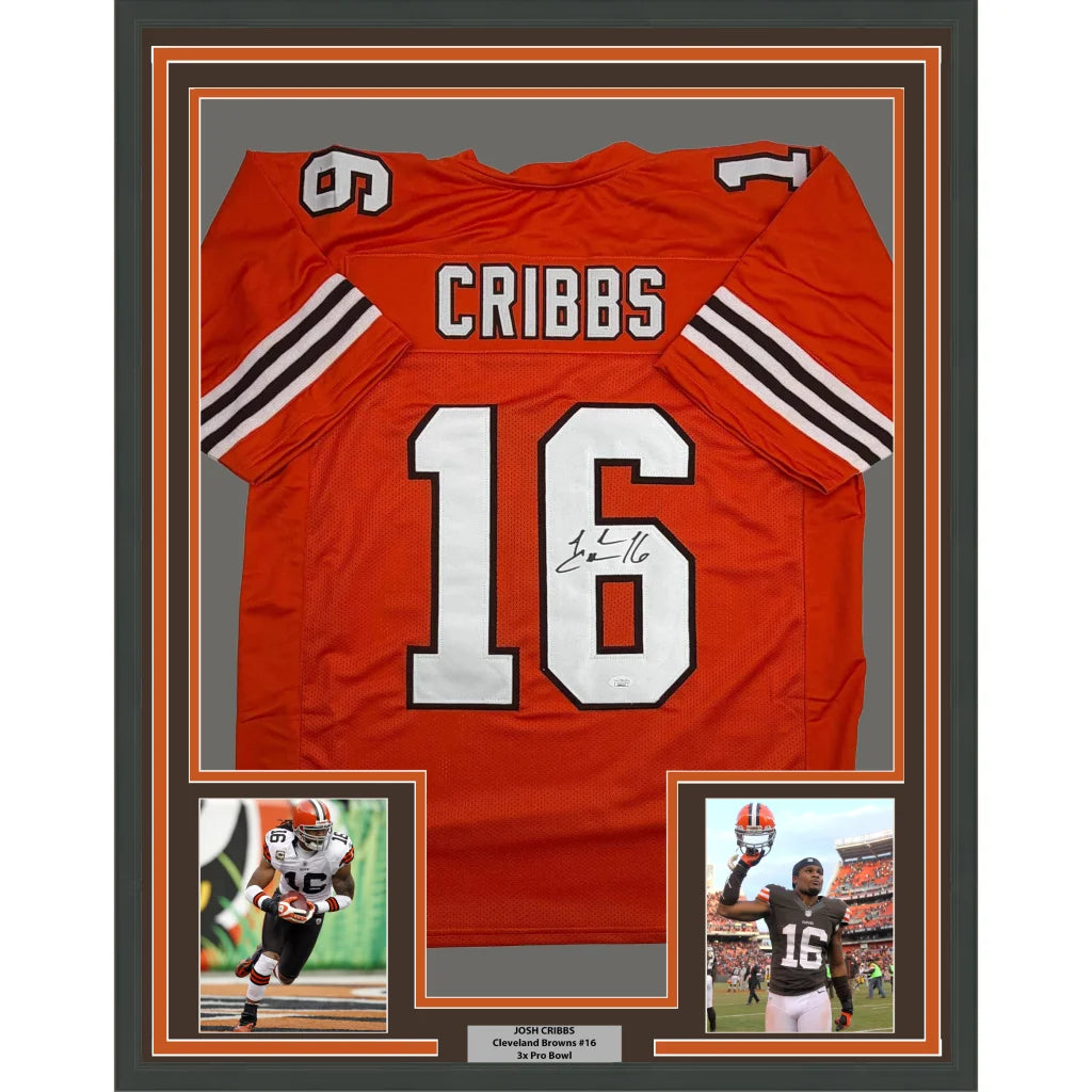 Framed Autographed Josh Cribbs 35x39 Cleveland Football Orange Jersey JSA COA | Hall of Fame Sports Memorabilia | vintageantiquesgifts.com