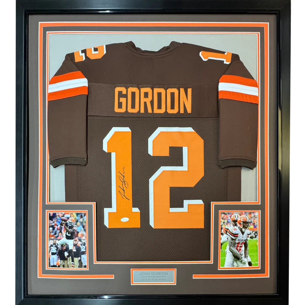 Autographed Josh Gordon Browns jersey with action photos in a frame for fans
